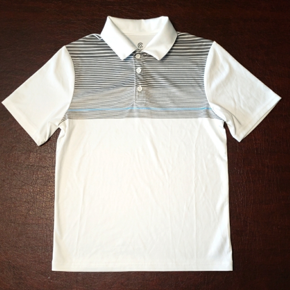 Boys Champion Polo Golf Shirt - White Grey Stripe